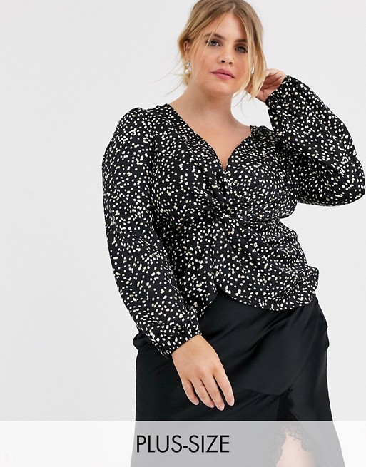 Outrageous Fortune Plus ruched plunge front blouse in polka print