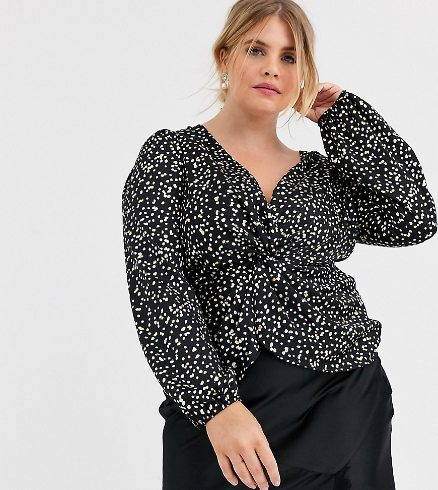 Outrageous Fortune Plus ruched plunge front blouse in polka print-Multi