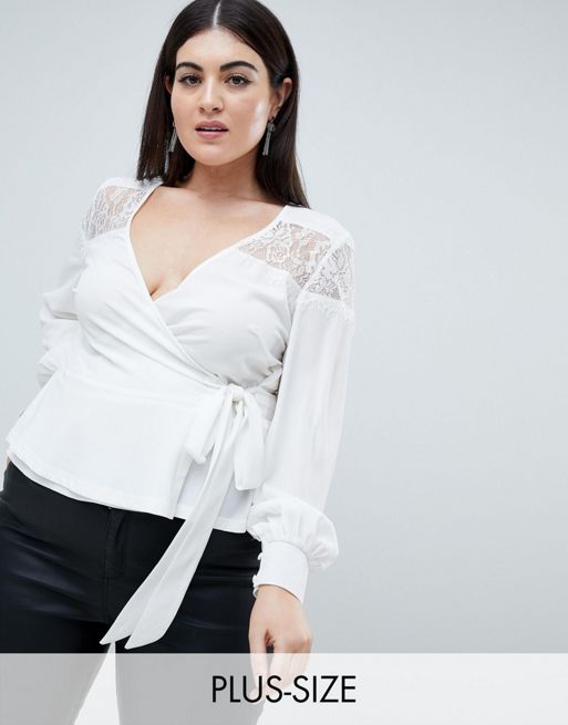 Outrageous Fortune Plus ruffle detail lace insert wrap blouse | ASOS