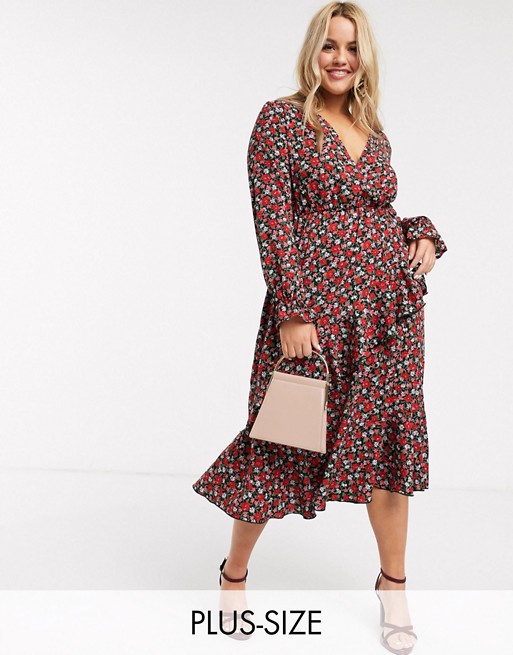 Outrageous Fortune Plus ruffle front shirred sleeve midi dress in rose ditsy print