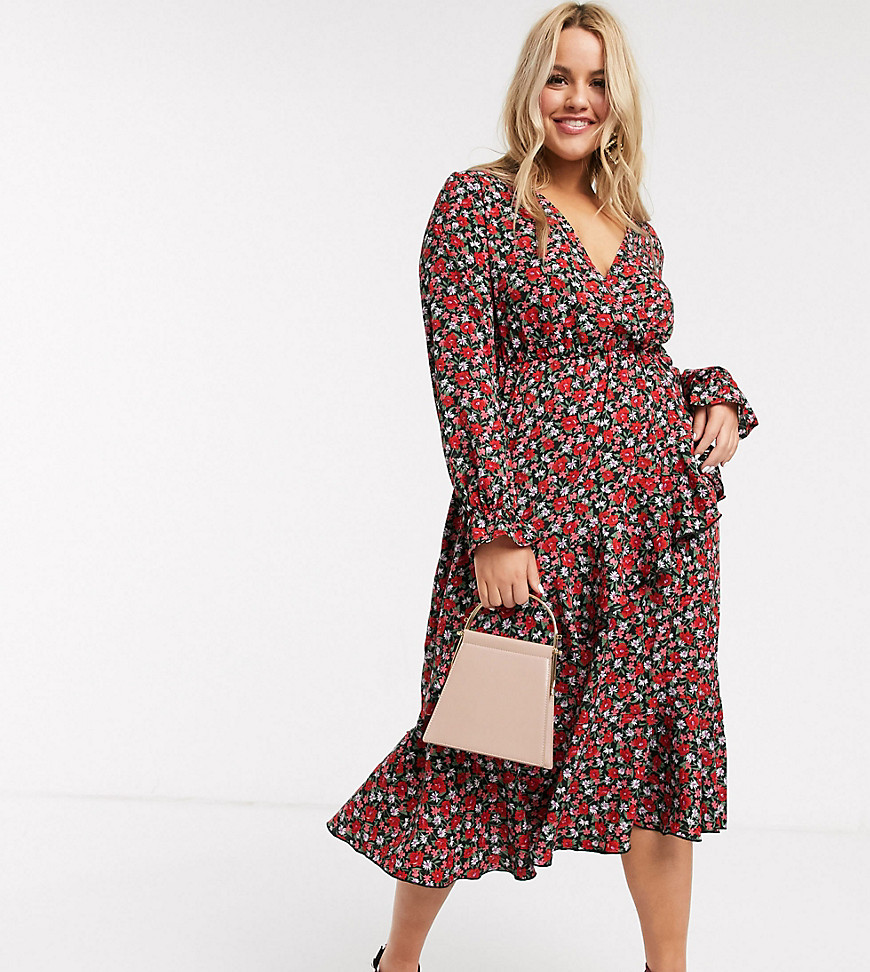 Outrageous Fortune Plus ruffle front shirred sleeve midi dress in rose ditsy print-Multi