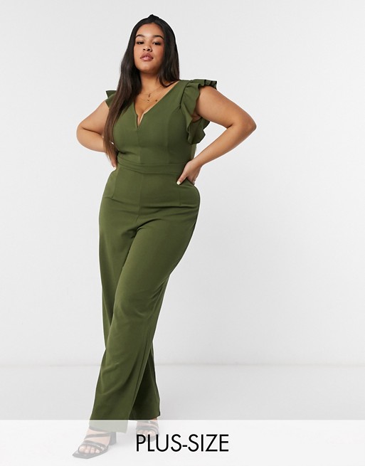 Outrageous Fortune Plus ruffle sleeve wide leg jumpsuit in khaki
