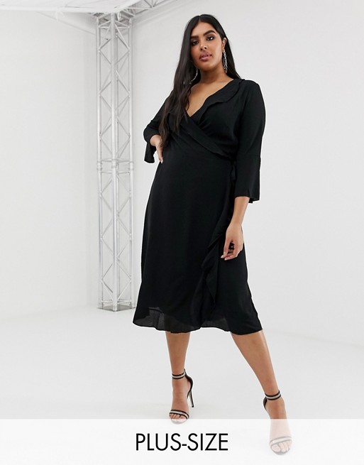 Outrageous Fortune Plus ruffle wrap dress with fluted sleeve in black