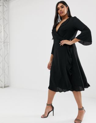 outrageous fortune ruffle wrap dress with fluted sleeve in black