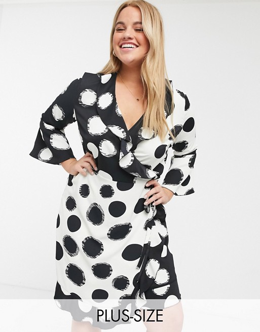 Outrageous Fortune Plus ruffle wrap dress with fluted sleeve in contrast overscale polka