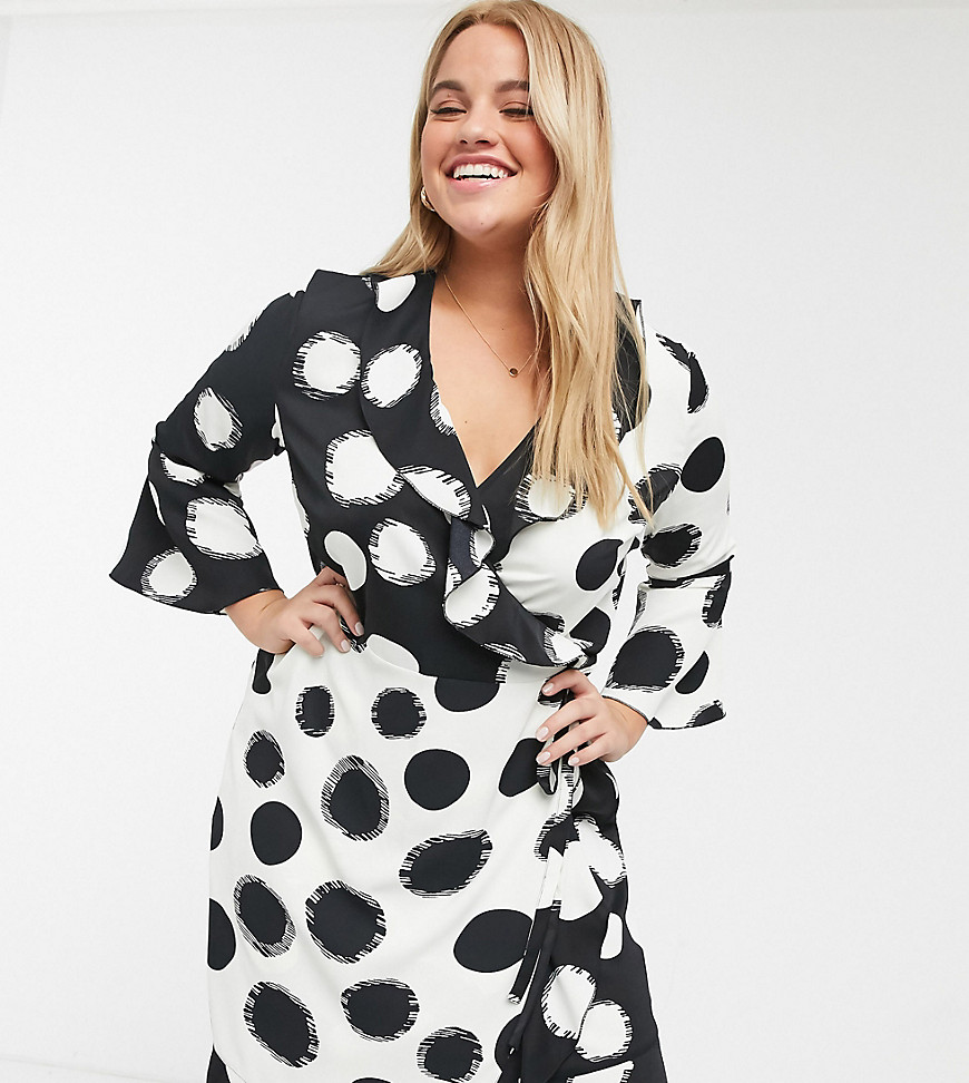 Outrageous Fortune Plus ruffle wrap dress with fluted sleeve in contrast overscale polka-Multi