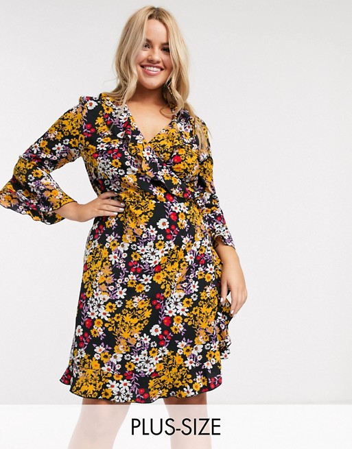 Outrageous Fortune Plus ruffle wrap dress with fluted sleeve in floral print