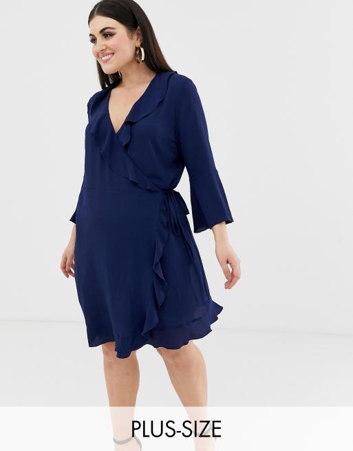 Outrageous Fortune Plus ruffle wrap dress with fluted sleeve in navy