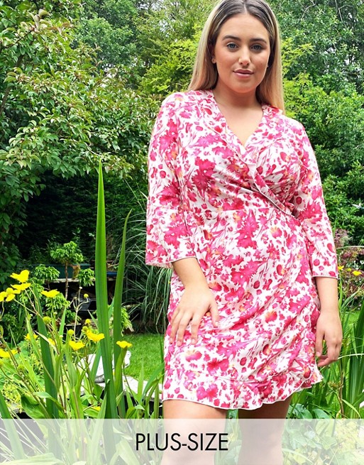 Outrageous Fortune Plus ruffle wrap dress with fluted sleeve in pink floral print