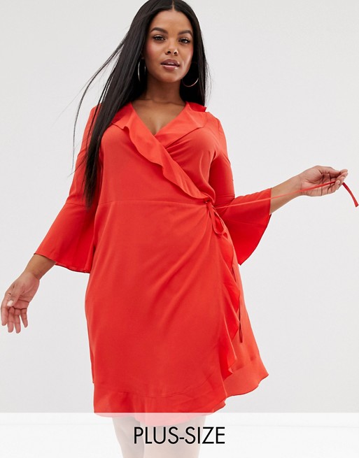 Outrageous Fortune Plus ruffle wrap dress with fluted sleeve in red