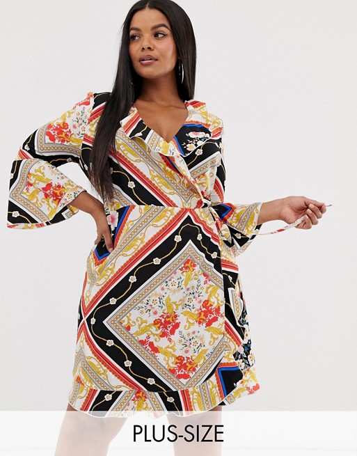 Outrageous Fortune Plus ruffle wrap dress with fluted sleeve in scarf print
