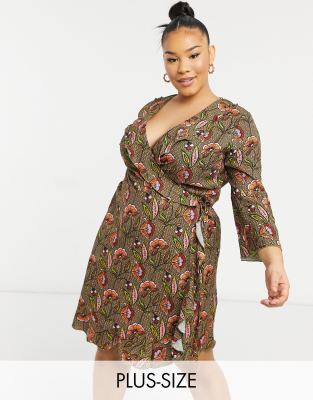 Outrageous Fortune Plus ruffle wrap dress with fluted sleeve in tan floral print-Multi