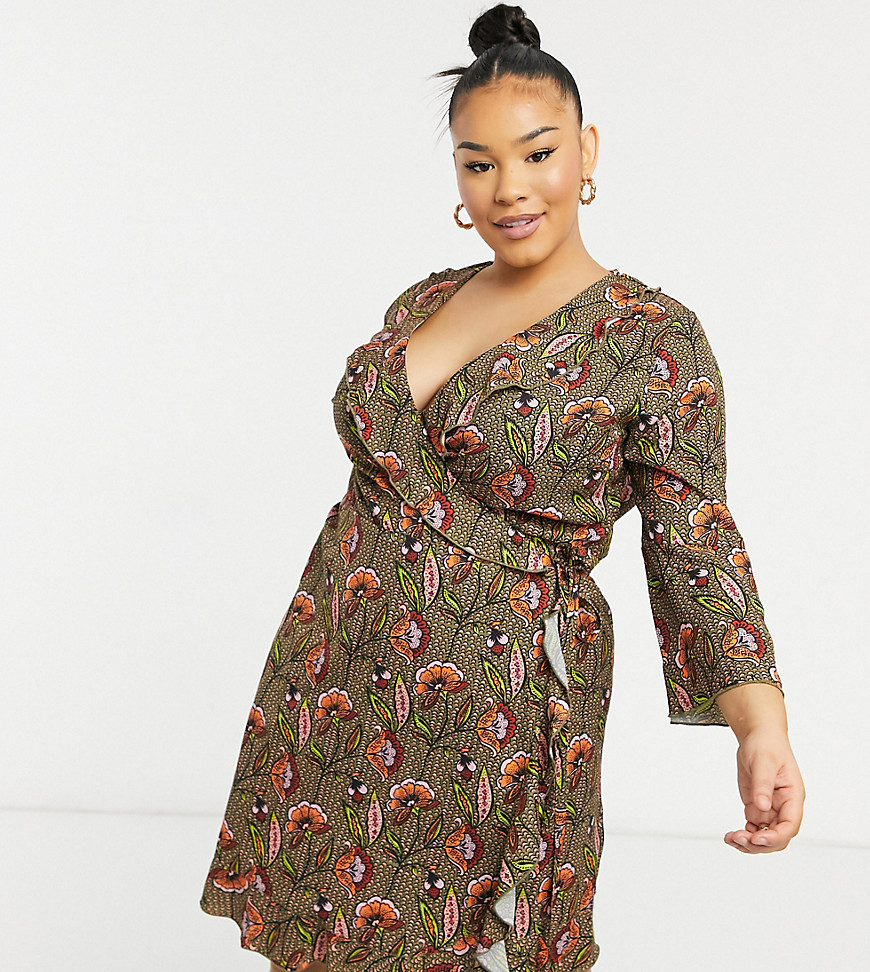 Outrageous Fortune Plus Ruffle Wrap Dress With Fluted Sleeve In Tan Floral Print-multi