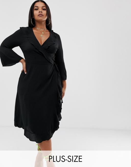 Outrageous fortune ruffle wrap dress hot sale with fluted sleeve in black