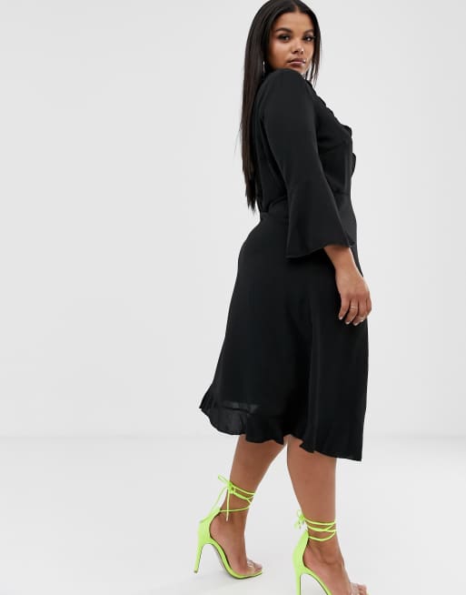 Outrageous Fortune plus ruffle wrap midi dress with fluted sleeve in black, 2 of 4