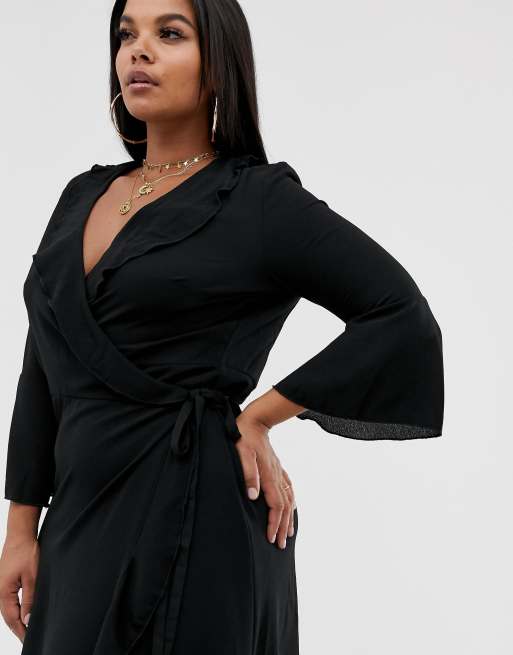 Outrageous fortune ruffle wrap dress hot sale with fluted sleeve in black