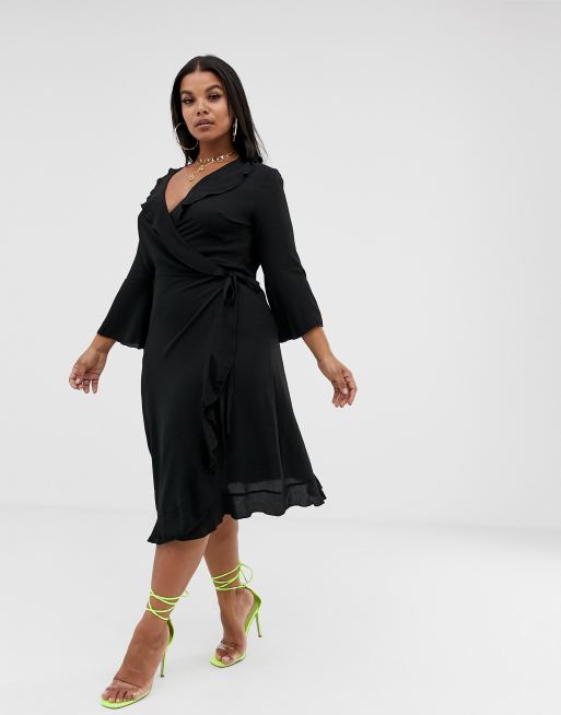 Outrageous fortune ruffle wrap dress with fluted store sleeve in black