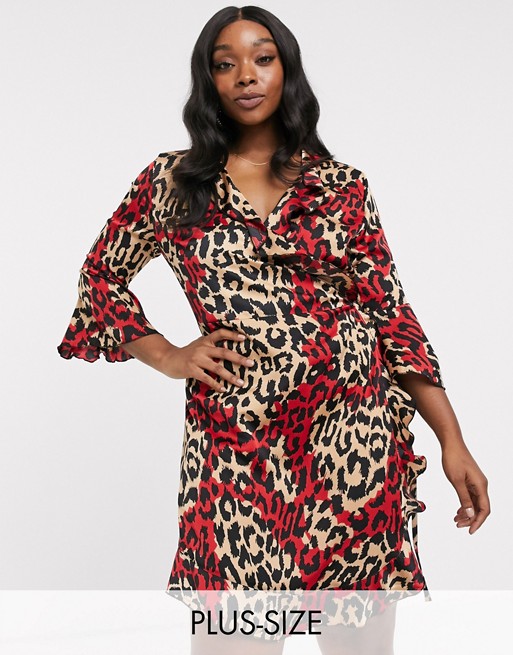 Outrageous Fortune Plus ruffle wrap mini dress with fluted sleeve in multi leopard print