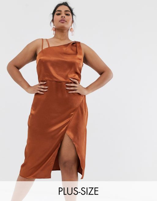 Outrageous Fortune Plus satin asymmetric shoulder dress in chocolate