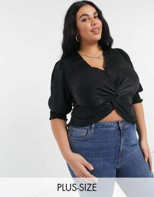 Outrageous Fortune Plus Satin Knot Front Shirred Sleeve Detail Crop Top In Black In Black