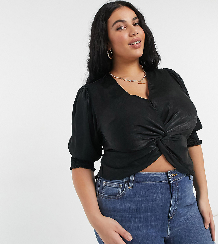 Outrageous Fortune Plus satin knot front shirred sleeve detail crop top in black