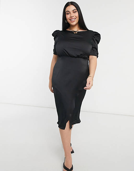  Outrageous Fortune Plus satin midi dress with tie waist in black 