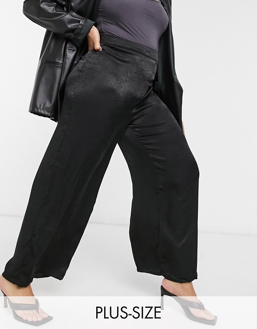 Outrageous Fortune Plus satin wide leg trouser co ord in black