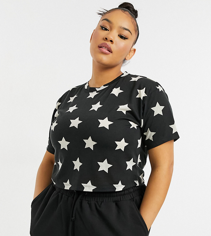Outrageous Fortune Plus sleepwear cropped T-shirt in black star print-Multi