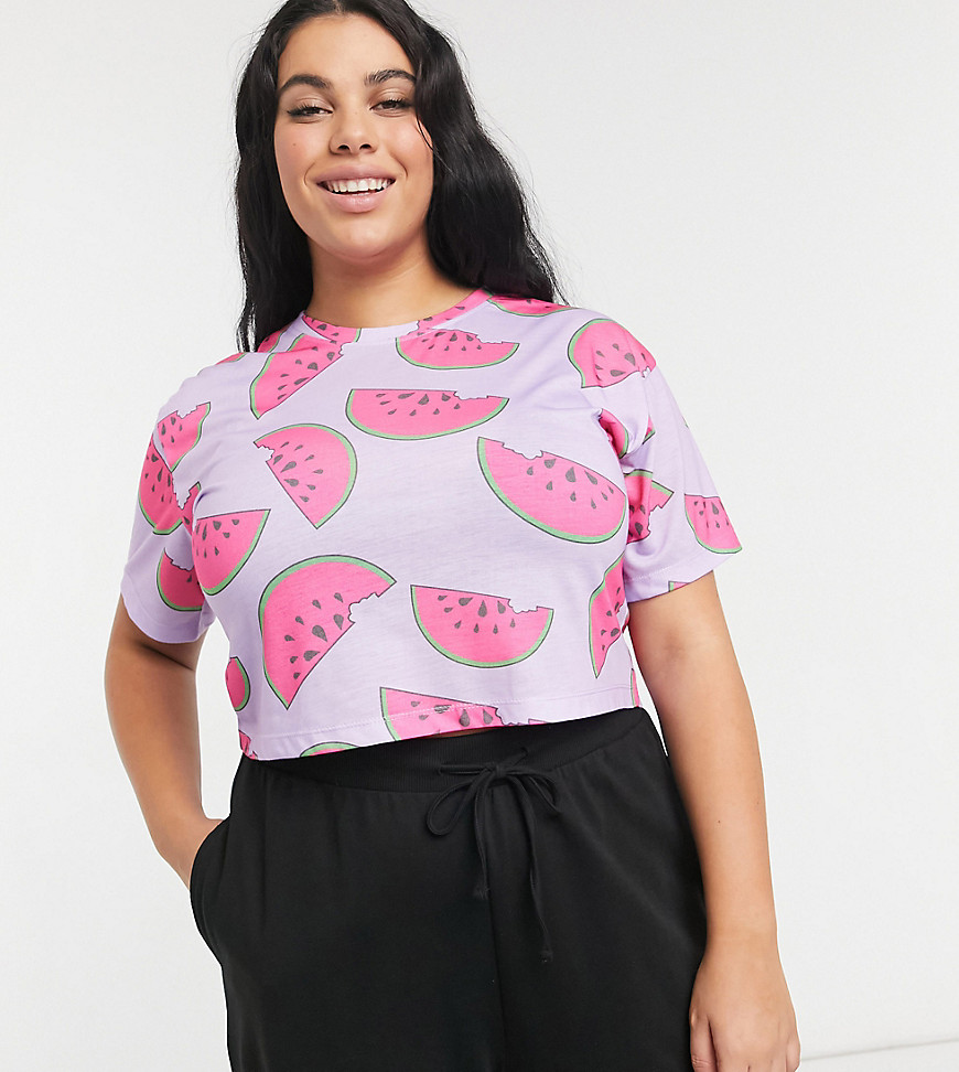 Outrageous Fortune Plus sleepwear cropped T-shirt in lilac watermelon print-Multi