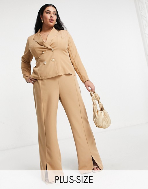 Outrageous Fortune Plus split front trouser co ord in camel