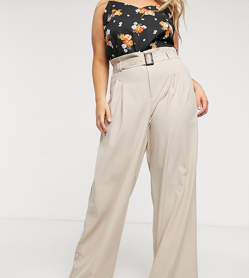 Outrageous Fortune Plus wide leg trouser with belt detail in cream
