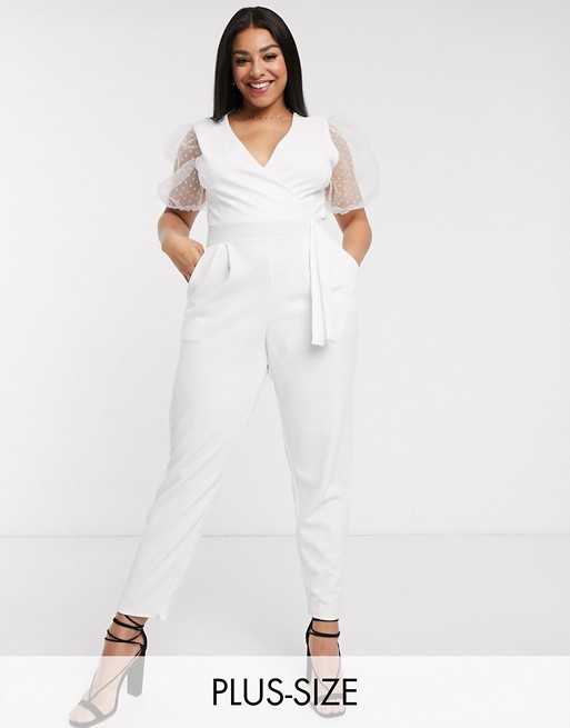 Outrageous Fortune Plus wrap front jumpsuit with organza puff sleeve detail in white