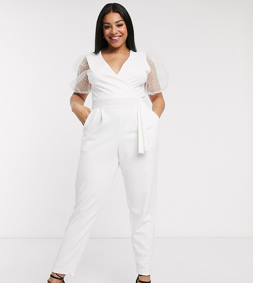Outrageous Fortune Plus wrap front jumpsuit with organza puff sleeve detail in white