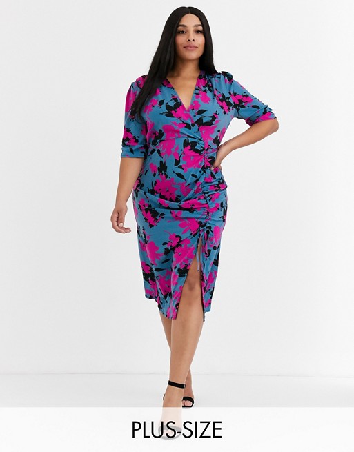 Outrageous Fortune Plus wrap front ruched midi dress in contrast floral print