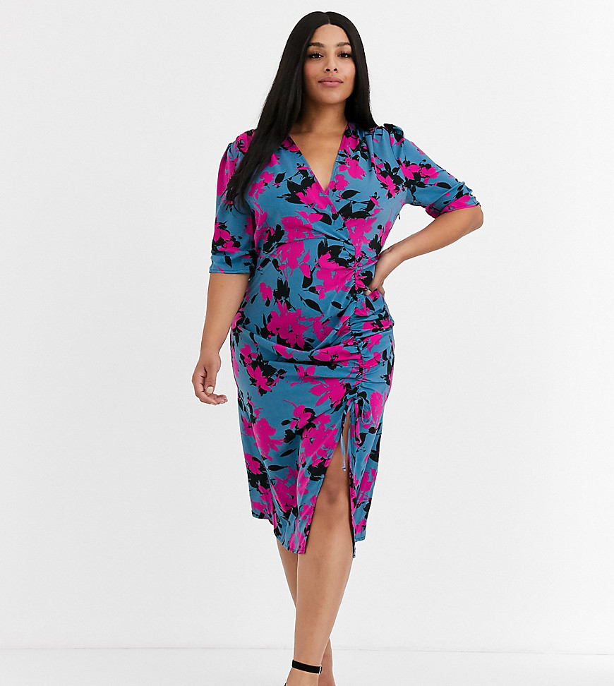 Outrageous Fortune Plus wrap front ruched midi dress in contrast floral print-Multi