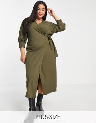 Outrageous Fortune Plus wrap midaxi dress with puff sleeves in khaki
