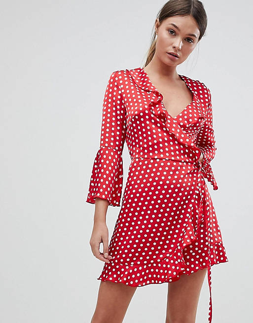 Outrageous Fortune Printed Ruffle Wrap Dress With Fluted Sleeve | ASOS