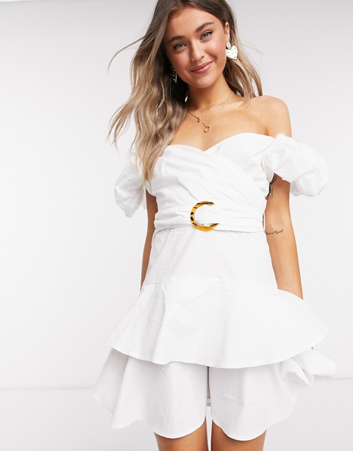 Outrageous Fortune puff sleeve wrap over ruffle mini dress in white