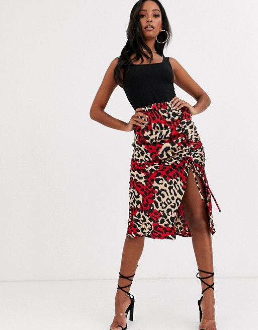 Outrageous Fortune ruched front midi skirt in contrast leopard print