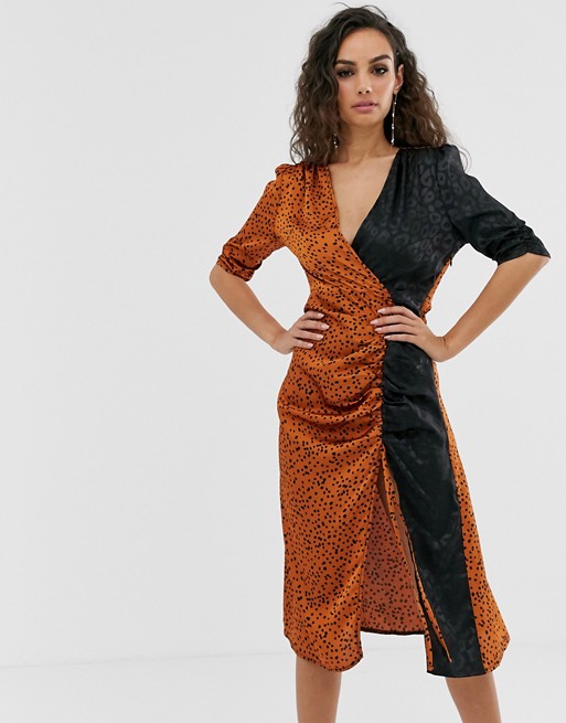 Outrageous Fortune ruched midi dress in mixed leopard print