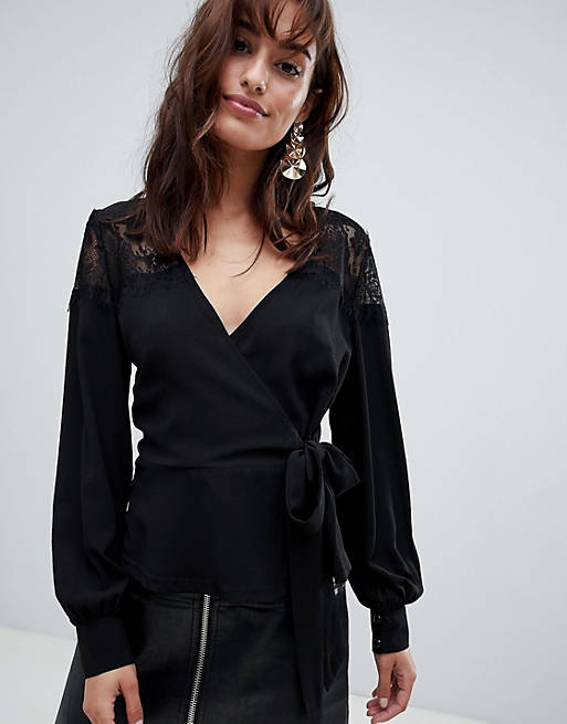 Outrageous Fortune Ruffle Detail Lace Insert Wrap Blouse