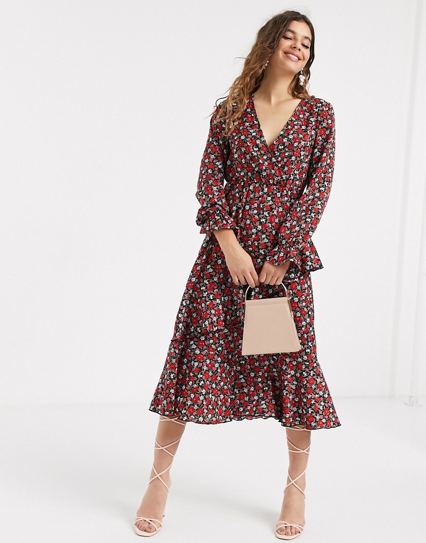 Outrageous Fortune ruffle front shirred sleeve midi dress in rose ditsy print-Multi