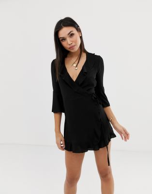 black ruffle wrap dress