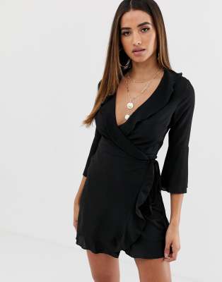 outrageous fortune ruffle wrap dress with fluted sleeve in black