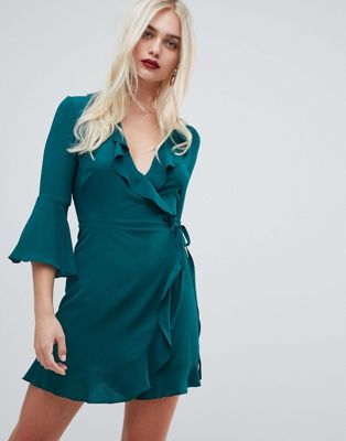 Outrageous Fortune ruffle wrap dress with fluted sleeve in green | ASOS