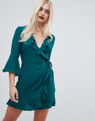 Outrageous Fortune ruffle wrap dress with fluted sleeve in green | ASOS