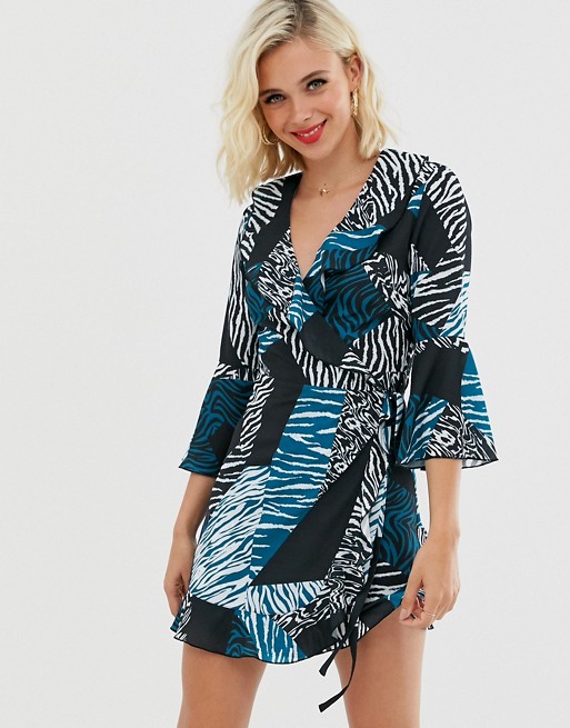 Outrageous Fortune ruffle wrap dress with fluted sleeve in mixed print