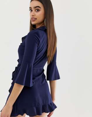 navy ruffle wrap dress