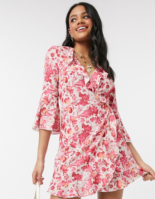 Outrageous Fortune ruffle wrap dress with fluted sleeve in pink floral print