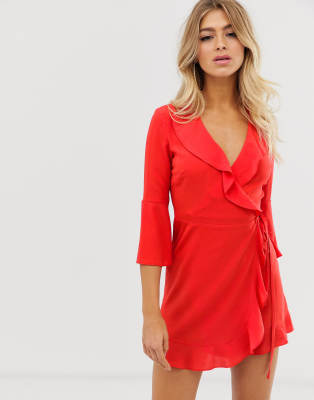 red ruffle wrap dress